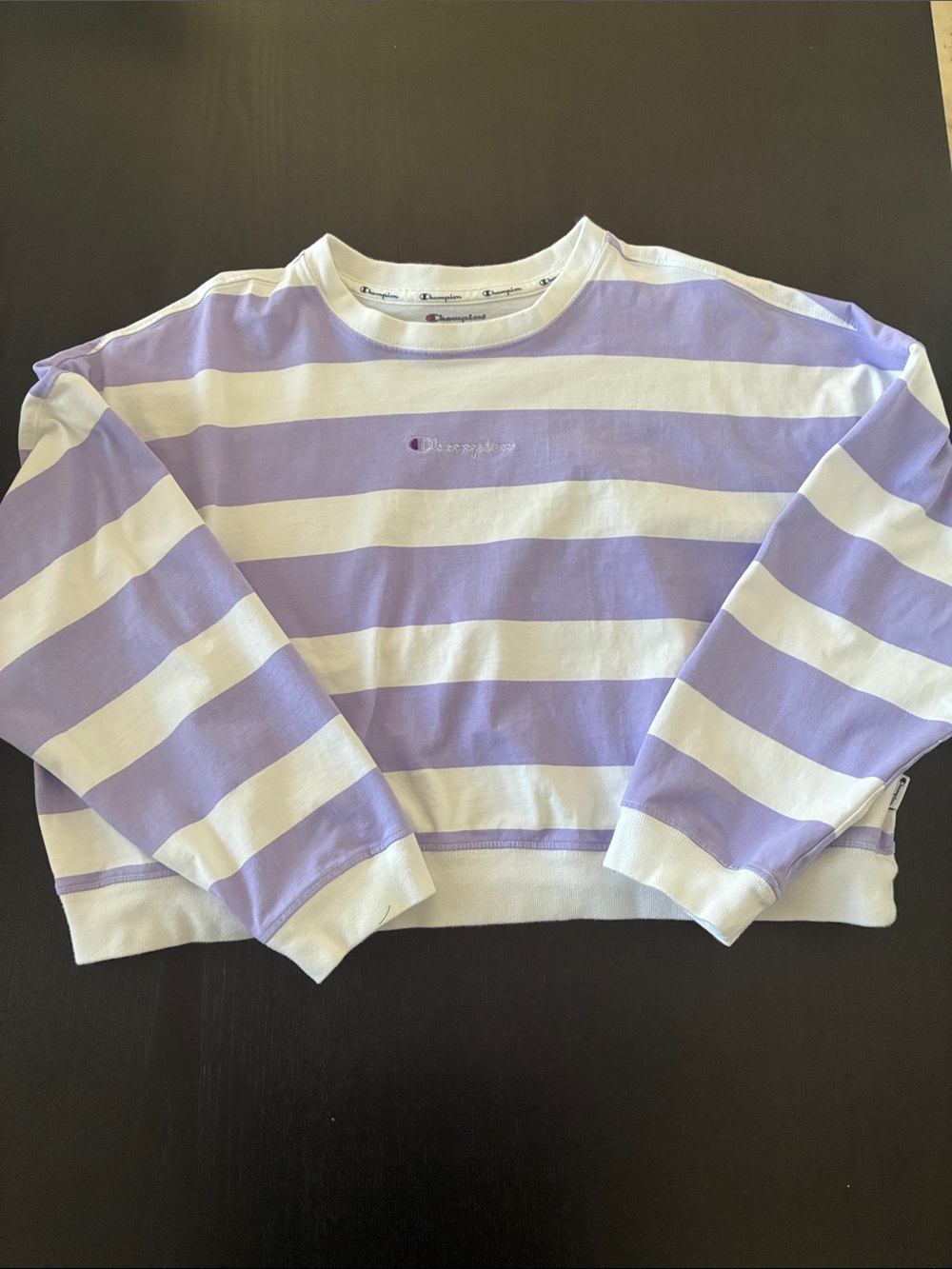 Champion Lavender and White Striped Boxy Cropped Sweatshirt- L